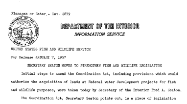 Secretary Seaton Moves to Strengthen Fish and Wildlife Legislation January 7, 1957 B