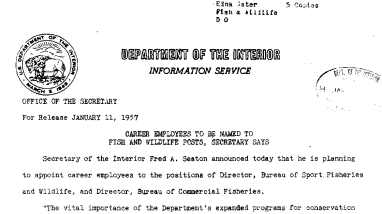 Career Employees to Be Named to Fish and Wildlife Posts, Secretary Says January 11, 1957