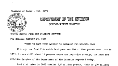 Trend in Food Fish Harvest Is Downward FWS Records Show January 29, 1957