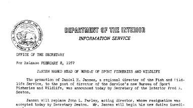 Janzen Named Head of Bureau of Sport Fisheries and Wildlife February 8, 1957