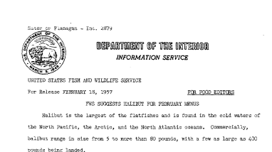 FWS Suggests Halibut for February Menus February 18, 1957 B