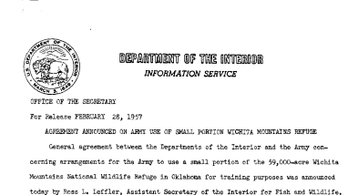 Agreement Announced on Army Use of Small Portion Wichita Mountains Refuge February 28, 1957