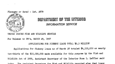 Applications for Fishery Loans Total $6.3 Million March 29, 1957