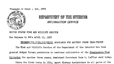 Progressive Fish Culturist Available for Another Three Year-Period April 10, 1957 A