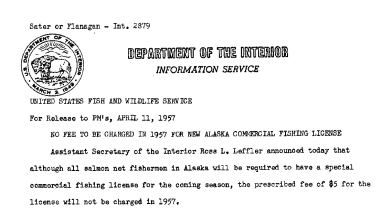 No Fee to Be Charged in 1957 for New Alaska Commercial Fishing License April 11, 1957