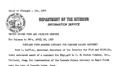 Portland Firm Awarded Contract for Cascade Salmon Hatchery April 29, 1957 A