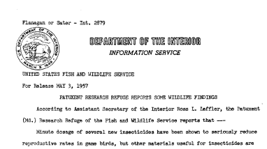 Patuxent Research Refuge Reports Some Wildlife Findings May 3, 1957 A