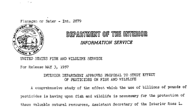 Interior Department Approves Proposal to Study Effect of Pesticides on Fish and Wildlife May 3, 1957 B