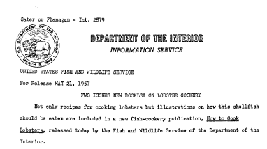 FWS Issues New Booklet on Lobster Cookery May 21, 1957