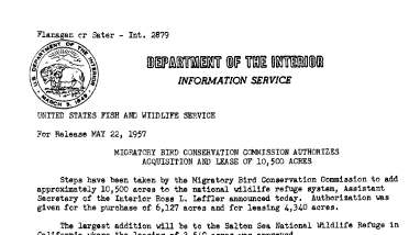 Migratory Bird Conservation Commission Authorizes Acquisition and Lease of 10,500 Acres May 22, 1957 C