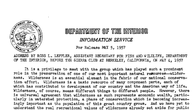 Address by Ross L. Leffler, Assistant Secretary for Fish and Wildlife, Before the Sierra Club at Berkeley, California May 5, 1957 B