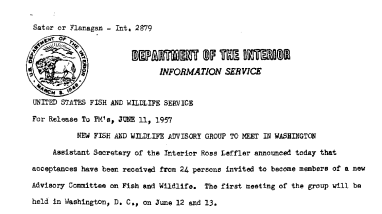 New Fish and Wildlife Advisory Group to Meet in Washington June 11, 1957 B
