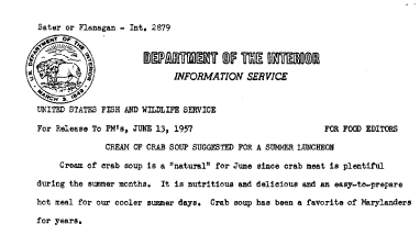 Cream of Crab Soup Suggested for A Summer Luncheon June 13, 1957