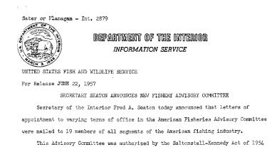 Secretary Seaton Announces New Fishery Advisory Committee June 22, 1957