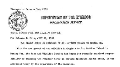 FWS Begins Study of Reindeer on St. Matthew Island in Bering Sea July 20, 1957