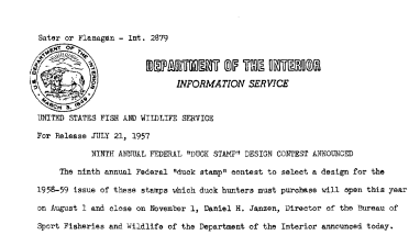 Ninth Annual Federal "Duck Stamp" Design Contest Announced July 21, 1957