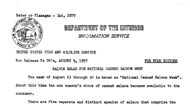 Salmon Salad for National Canned Salmon Week August 9, 1957