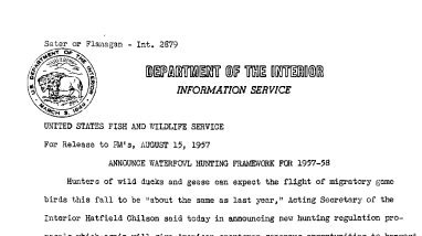 Announce Waterfowl Hunting Framework for 1957-58 August 15, 1957 B