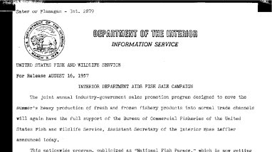 Interior Department Aids Fish Sale Campaign August 16, 1957