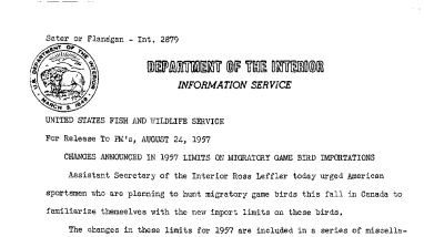 Changes Announced in 1957 Limits on Migratory Game Bird Importations August 24, 1957 B