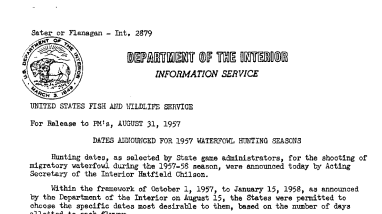 Dates Announced for 1957 Waterfowl Hunting Seasons August 31, 1957
