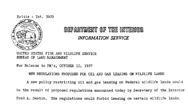 New Regulations Proposed for Oil and Gas Leasing on Wildlife Lands October 10, 1957