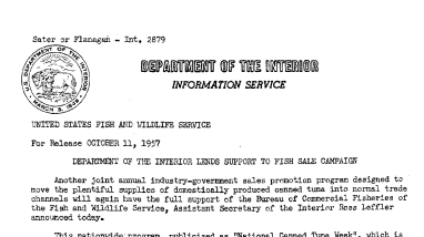 Department of the Interior Lends Support to Fish Sales Campaign October 11, 1957