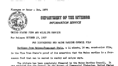FWS Distributes New Maine Sardine Council Film October 17, 1957