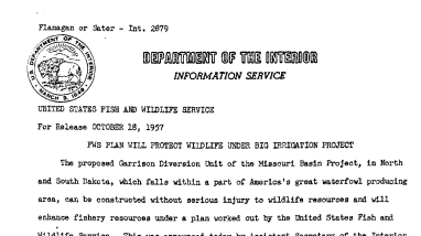 FWS Plan Will Protect Wildlife Under Big Irrigation Project October 18, 1957