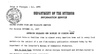 Interior Releases New Booklet on Cooking Tuna October 23, 1957