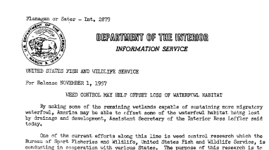 Weed Control May Help Offset Loss of Waterfowl Habitat November 1, 1957
