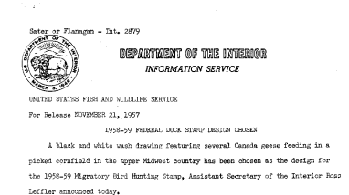 1958-59 Federal Duck Stamp Design Chosen November 21, 1957