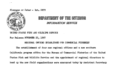 Regional Offices Established for Commercial Fisheries November 22, 1957 B