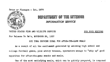 Hot Tuna Chowder for After-The-Game-Meals November 26, 1957 A