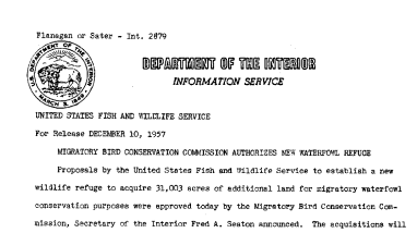 Migratory Bird Conservation Commission Authorizes New Waterfowl Refuge December 10, 1957