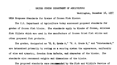 Usda Proposes Standards for Grades of Frozen Fish Blocks: December 16, 1957