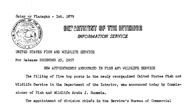 New Appointments Announced in Fish and Wildlife Service December 23, 1957