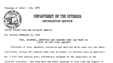 Tuna, Mackerel, Anchovies, and Sardines Keep San Pedro in Front on 1957 Fish Landings February 11, 1958 A