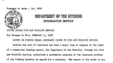 Report on Fishing Vessel Insurance Issued by Fish and Wildlife Service February 11, 1958 B