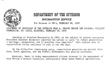 Statement by Sec. Seaton, Before the National Wildlife Federation, St. Louis, Missouri February 28, 1958