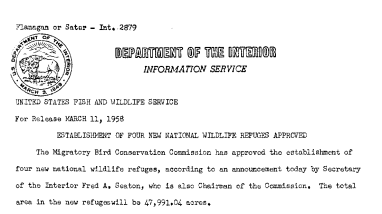 Establishment of Four New National Wildlife Refuges Approved March 11, 1958