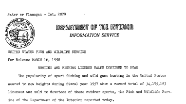 Hunting and Fishing License Sales Continue to Soar March 16, 1958