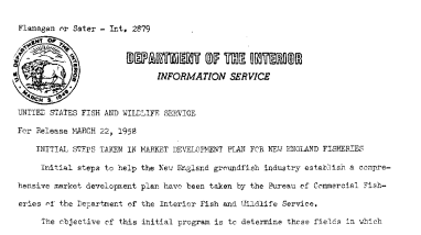 Initial Stepstaken in Market Development Plan for New England Fisheries March 22, 1958
