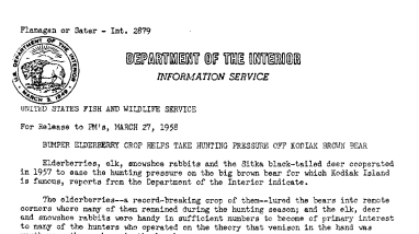 Bumper Elderberry Crop Helps Take Hunting Pressure off Kodiak Brown Bear March 27, 1958 A