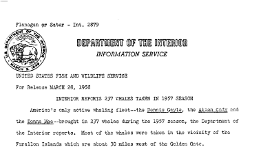 Interior Reports 237 Whales Taken in 1957 Season March 28, 1958
