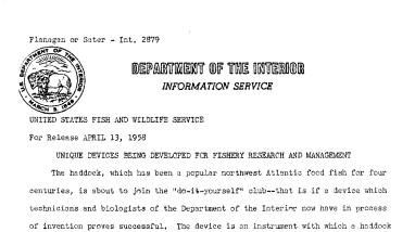 Unique Devices Being Developed for Fishery Research and Management April 13, 1958
