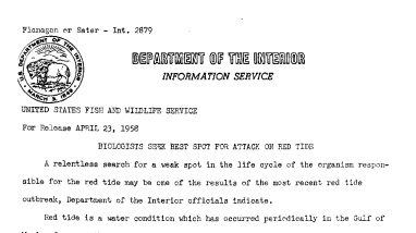 Biologists Seek Best Spot for Attack on Red Tide April 23, 1958