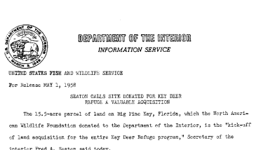 Seaton Calls Site Donated for Key Deer Refuges A Valuable Acquisition May 1, 1958