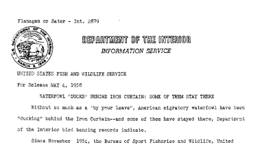 Waterfowl "Ducks" Behind Iron Curtain: Some of Them Stay There May 4, 1958 B