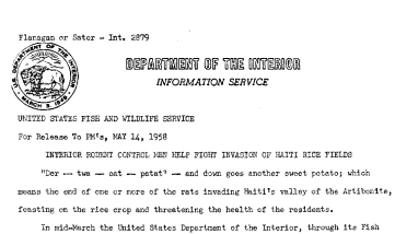 Interior Rodent Control Men Help Fight Invasion of Haiti Rice Fields May 14, 1958
